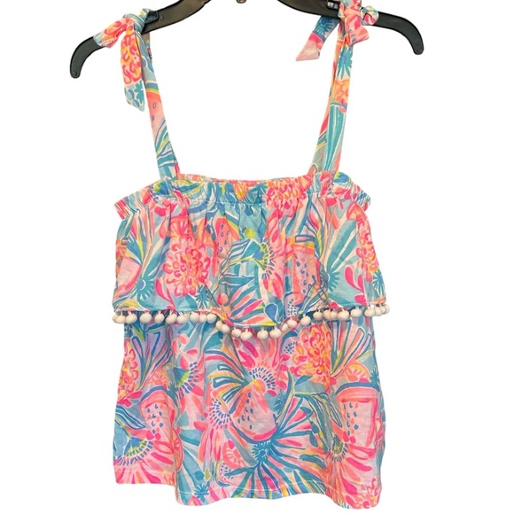 Lilly Pulitzer Benita Multi Tropical Punch Tank Top Pom Pom Beach Ruffle XS - Picture 4 of 5